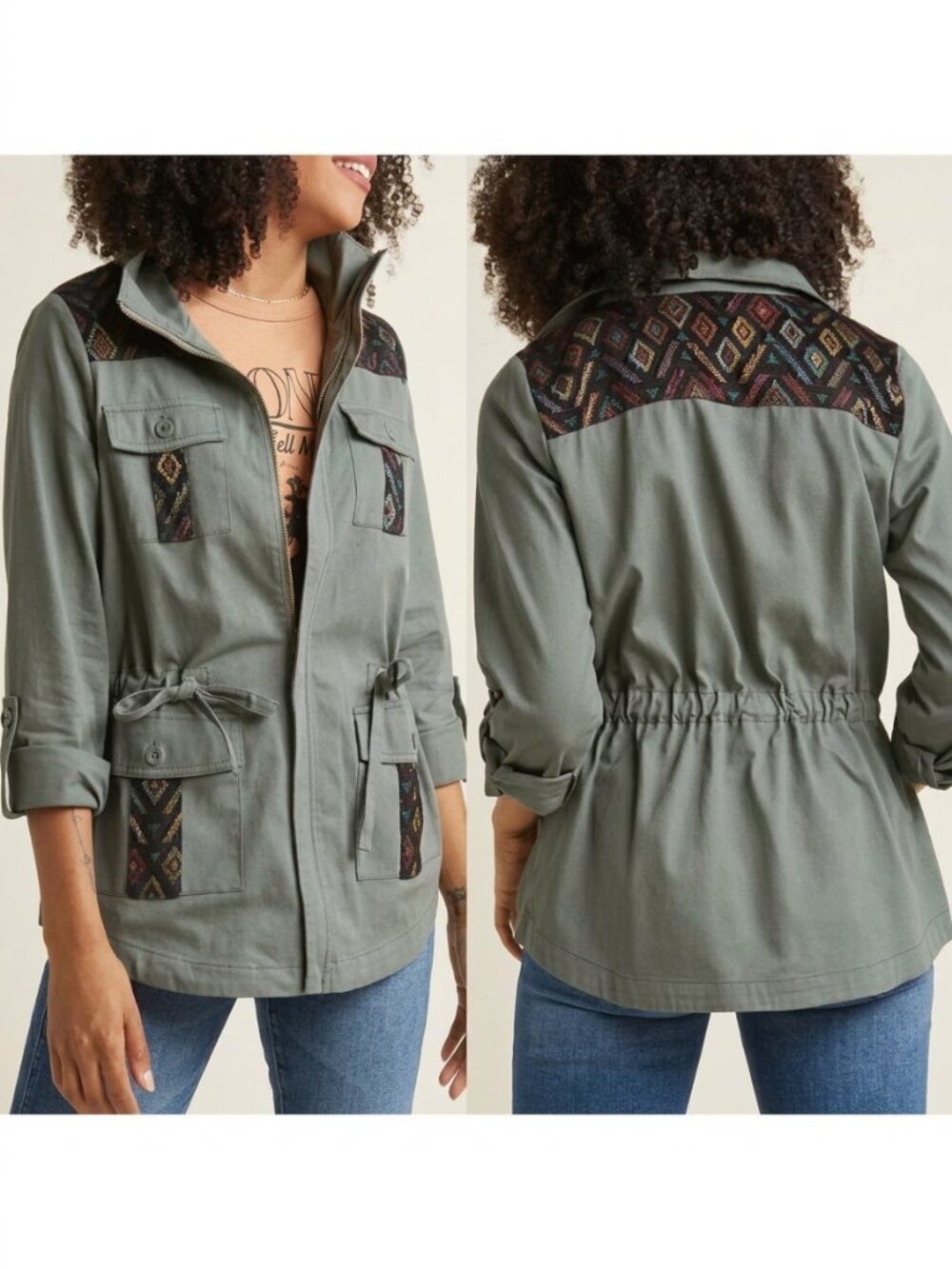 MODCLOTH Keep a Woven Mind Jacket Olive Army Green Multi Aztec Boho Embroidered